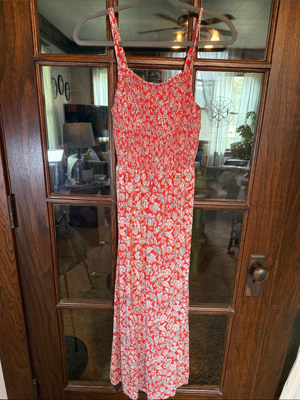 Old Navy Red Floral Smocked Maxi Dress with White Print